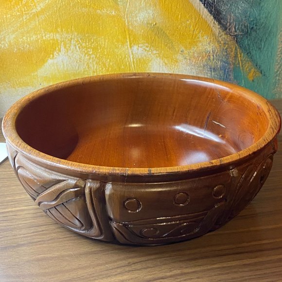 Vintage Hand Carved Wood Serving Bowl